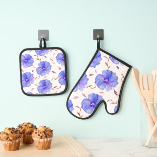 Blue Floral Oven Mitt & Pot Holder - Geschenk für Ofenhandschuh & Topflappen-Set