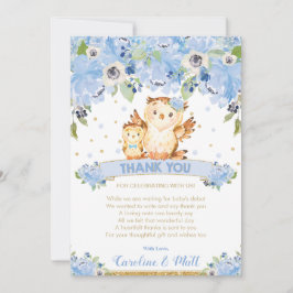 Blue Floral Owl Baby Shower Boy Dankeskarte