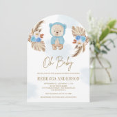 Blue Floral Pampas Teddy Bear Arch Baby Dusche Einladung (Stehend Vorderseite)