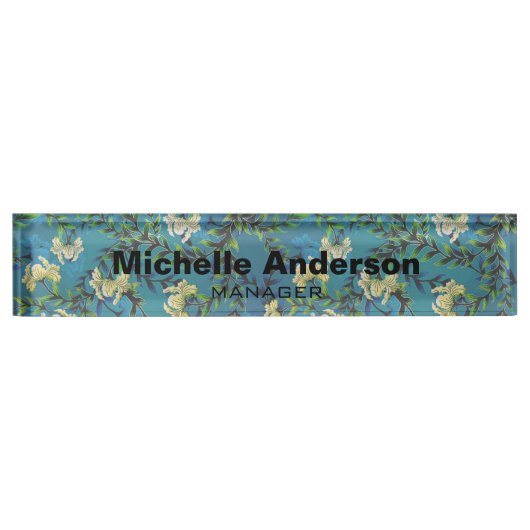 Blue Floral Pattern Beruflicher Manager Moderne Namensplakette (Vorderseite)