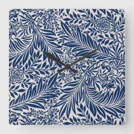 blue floral pattern with diverse leaves & blossoms quadratische wanduhr