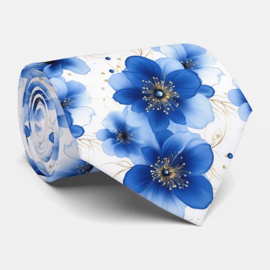 Blue Floral Pattern with Gold Accents Krawatte (Gerollt)