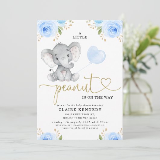Blue Floral Peanut Elephant Baby Dusche Einladung (Stehend Vorderseite)