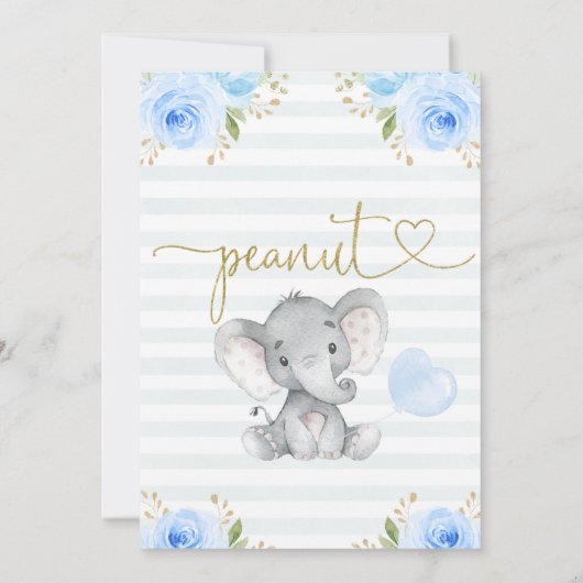 Blue Floral Peanut Elephant Baby Dusche Einladung (Rückseite)