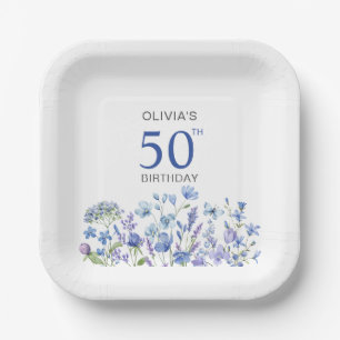 Blue Floral Personalisiert 50. Geburtstag Pappteller