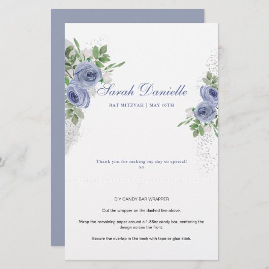 Blue Floral Personalisiert Candy Bar Wrapper (Vorne/Hinten)
