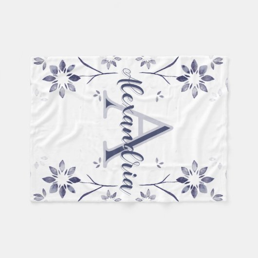 Blue Floral Personalized Monogram Name Fleecedecke (Vorderseite (Horizontal))