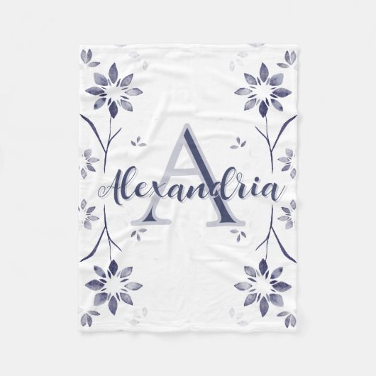 Blue Floral Personalized Monogram Name Fleecedecke (Vorderseite)