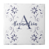 Blue Floral Personalized Monogram Name Fliese (Vorderseite)