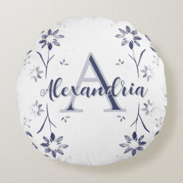 Blue Floral Personalized Monogram Name Rundes Kissen