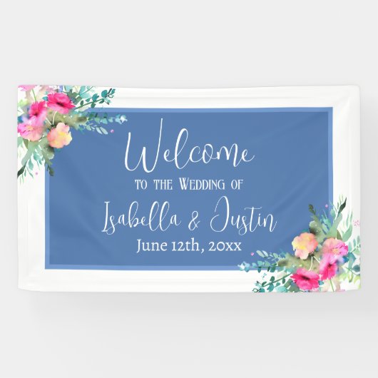 Blue Floral Pink Rosenknospe Wedding Personalisier Banner (Horizontal)