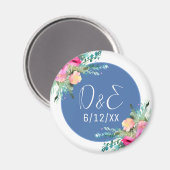 Blue Floral Pink Rosenknospe Wedding Personalisier Magnet (Vorderseite/Rückseite)