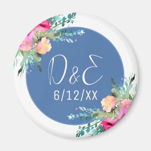 Blue Floral Pink Rosenknospe Wedding Personalisier Magnet (Vorne)