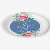 Blue Floral Pink Rosenknospe Wedding Personalisier Pappteller (Schrägansicht)