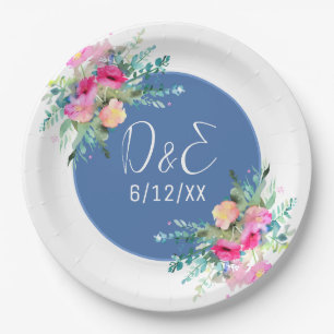 Blue Floral Pink Rosenknospe Wedding Personalisier Pappteller