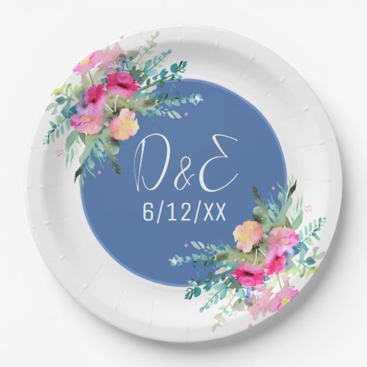 Blue Floral Pink Rosenknospe Wedding Personalisier Pappteller (Vorderseite)