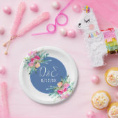 Blue Floral Pink Rosenknospe Wedding Personalisier Pappteller (Party)