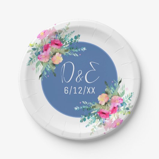 Blue Floral Pink Rosenknospe Wedding Personalisier Pappteller (Vorderseite)