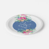 Blue Floral Pink Rosenknospe Wedding Personalisier Pappteller (Schrägansicht)