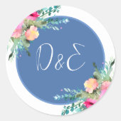 Blue Floral Pink Rosenknospe Wedding Personalisier Runder Aufkleber (Vorderseite)