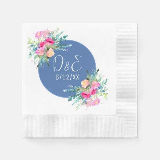Blue Floral Pink Rosenknospe Wedding Personalisier Serviette (Vorderseite)