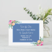 Blue Floral Pink Rosenknospe Wedding Save the Date Einladung (Stehend Vorderseite)