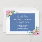 Blue Floral Pink Rosenknospe Wedding Save the Date Einladung (Vorderseite)