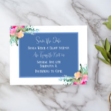 Blue Floral Pink Rosenknospe Wedding Save the Date