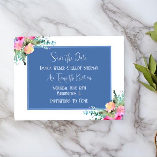 Blue Floral Pink Rosenknospe Wedding Save the Date Einladung