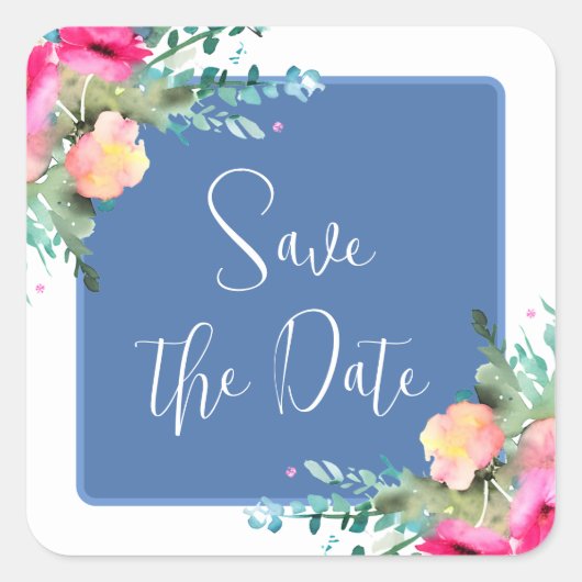 Blue Floral Pink Rosenknospe Wedding Save the Date Quadratischer Aufkleber (Vorderseite)