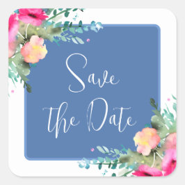 Blue Floral Pink Rosenknospe Wedding Save the Date Quadratischer Aufkleber