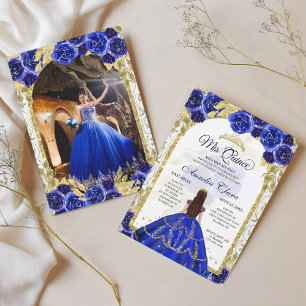 Blue Floral Princess Gold Arch Quinceanera Foto Einladung
