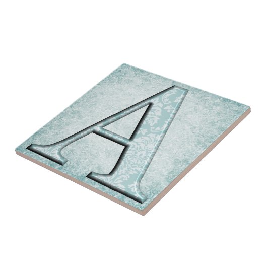 Blue Floral Print A monogram Initialen Geschenke Fliese (Seite)