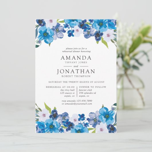 Blue Floral Probe Dinner Einladung (Stehend Vorderseite)