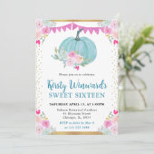 Blue Floral Pumpkin Fall 16 . Geburtstag Einladung (Stehend Vorderseite)