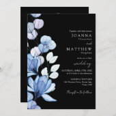 Blue Floral QR Code Black and White Wedding Einladung (Vorne/Hinten)