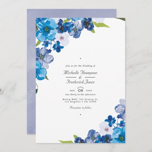 Blue Floral QR Code UAWG Garden Wedding Invita Einladung (Vorne/Hinten)