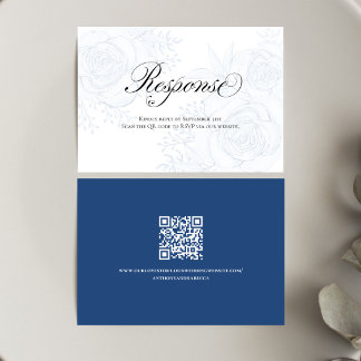 Blue Floral QR Code Wedding RSVP Calligraphy Karte
