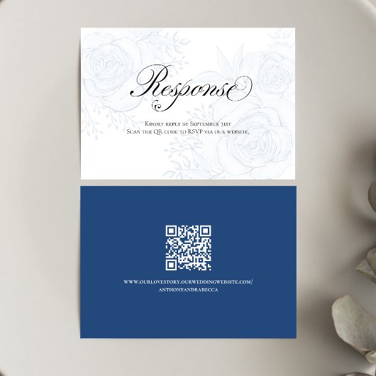 Blue Floral QR Code Wedding RSVP Calligraphy Karte