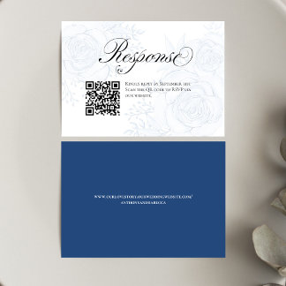 Blue Floral QR Code Wedding RSVP Insert Card Karte