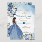 Blue Floral Quinceañera 15 Anos Gold Crown Glitzer Einladung (Vorne/Hinten)