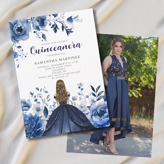Blue Floral Quinceañera Foto Einladung