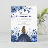 Blue Floral Quinceañera Foto Einladung (Stehend Vorderseite)