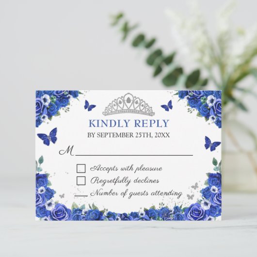 Blue Floral Quinceñera Butterfells RSVP Card (Stehend Vorderseite)