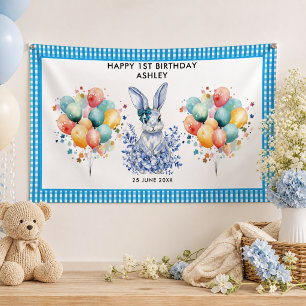 Blue Floral Rabbit 1. Geburtstag für Kinder Banner