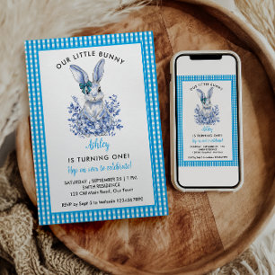 Blue Floral Rabbit 1. Geburtstag für Kinder Einladung