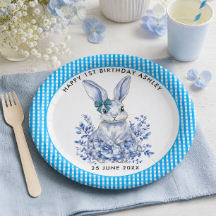 Blue Floral Rabbit 1. Geburtstag für Kinder Pappteller