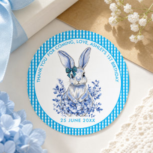 Blue Floral Rabbit 1. Geburtstag für Kinder Runder Aufkleber
