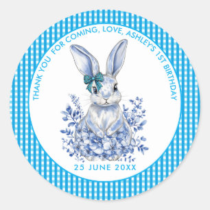 Blue Floral Rabbit 1. Geburtstag für Kinder Runder Aufkleber