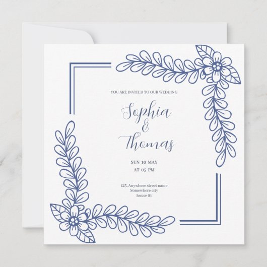 Blue Floral Rahmen elegante Hochzeitseinladung Einladung (Vorderseite)